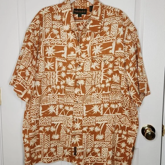 Timberland Hawaiian print button up shirt light orange brown large - Picture 1 of 9